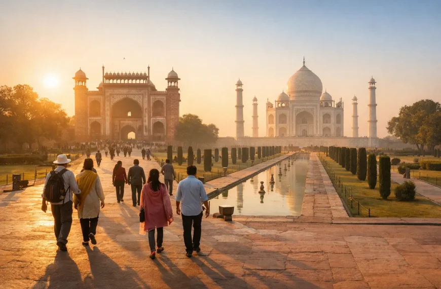 Visitors entering the Taj Mahal complex at sunrise in Agra