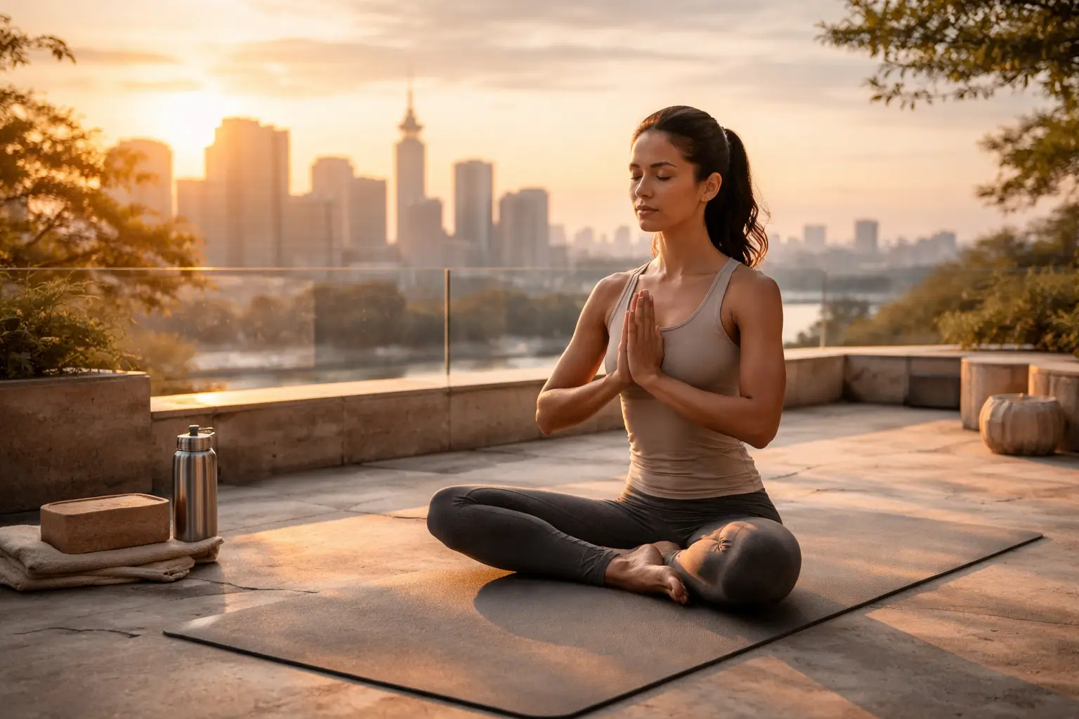 Person practicing yoga at sunrise in an urban terrace setting