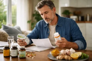 Adult reviewing herbal supplements and medication at home before using natural remedies for blood clotting