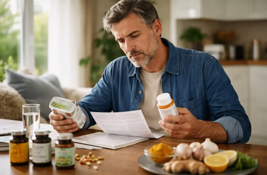 Adult reviewing herbal supplements and medication at home before using natural remedies for blood clotting