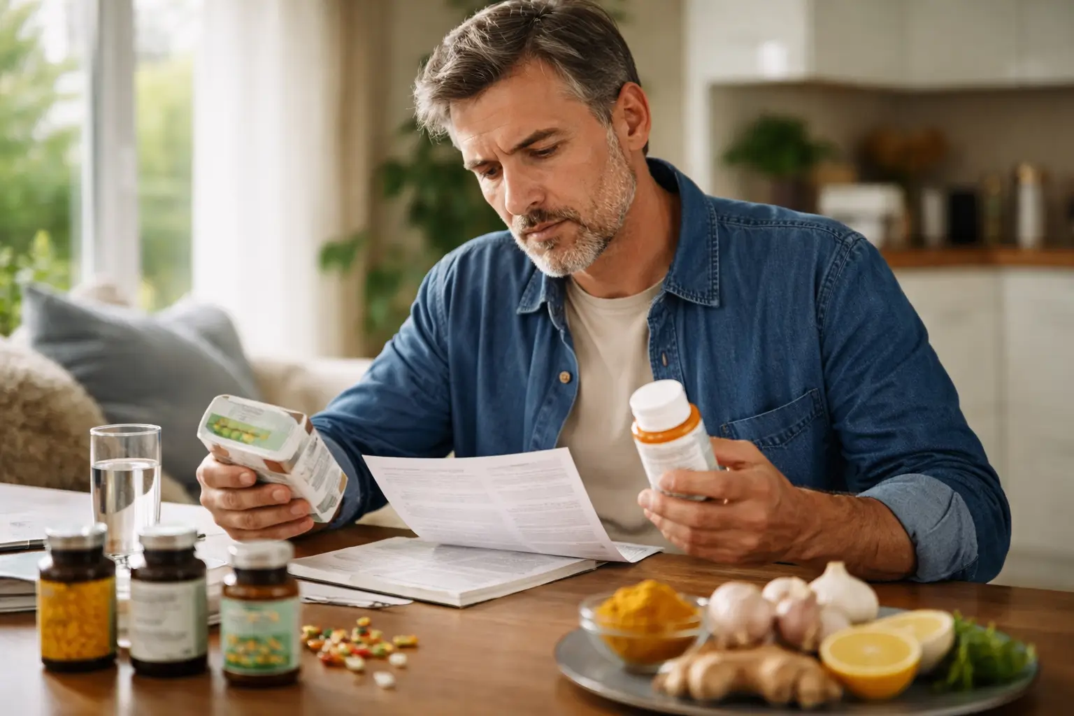 Adult reviewing herbal supplements and medication at home before using natural remedies for blood clotting