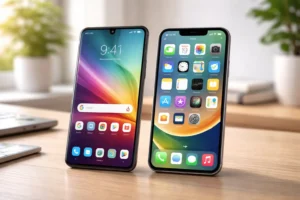 Android vs iPhone comparison on a modern desk