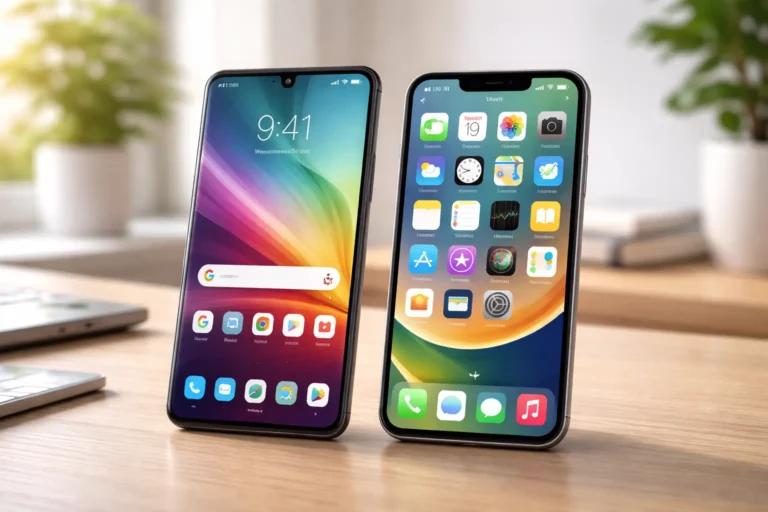 Android vs iPhone comparison on a modern desk