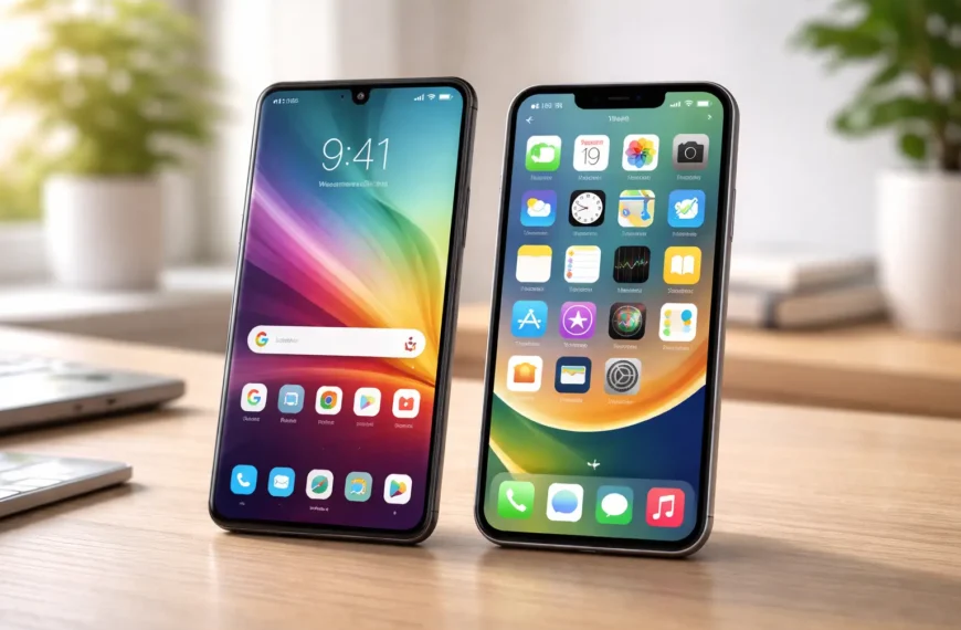 Android vs iPhone comparison on a modern desk