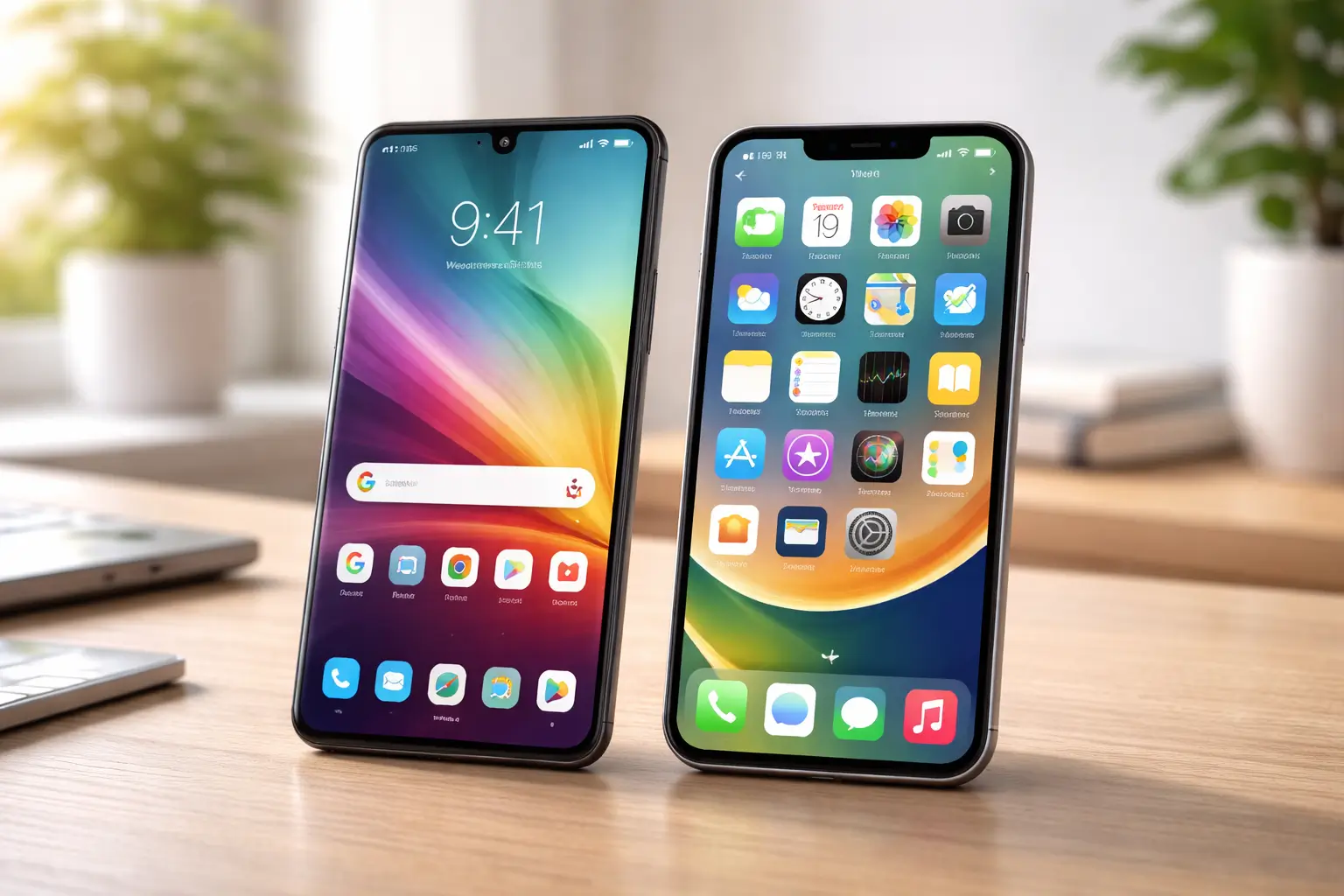 Android vs iPhone comparison on a modern desk