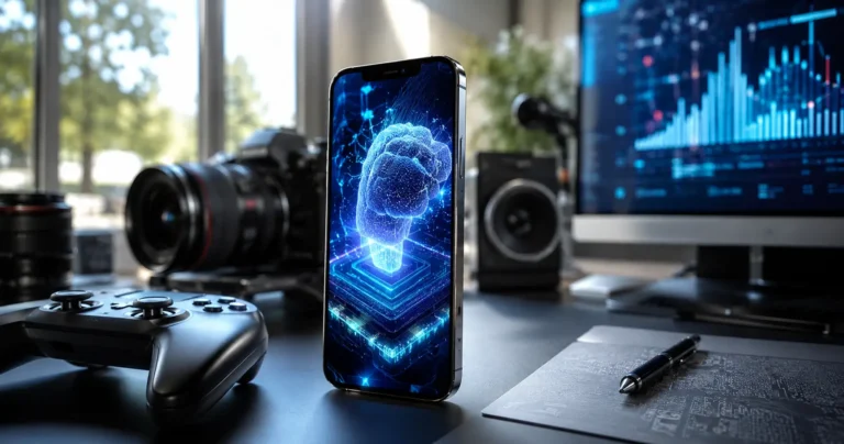 Apple A19 Pro chip powering a premium smartphone with AI, gaming, and performance-focused editorial setup.