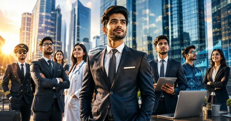 Young Indian professionals representing high income jobs in India including AI engineer, doctor, CEO, lawyer, and investment banker in a modern business district.