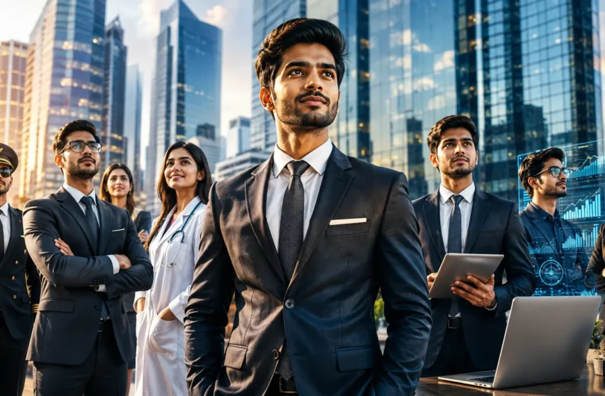 Young Indian professionals representing high income jobs in India including AI engineer, doctor, CEO, lawyer, and investment banker in a modern business district.