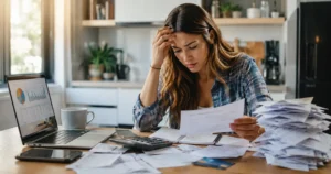Person reviewing credit card bills and budgeting to avoid debt.