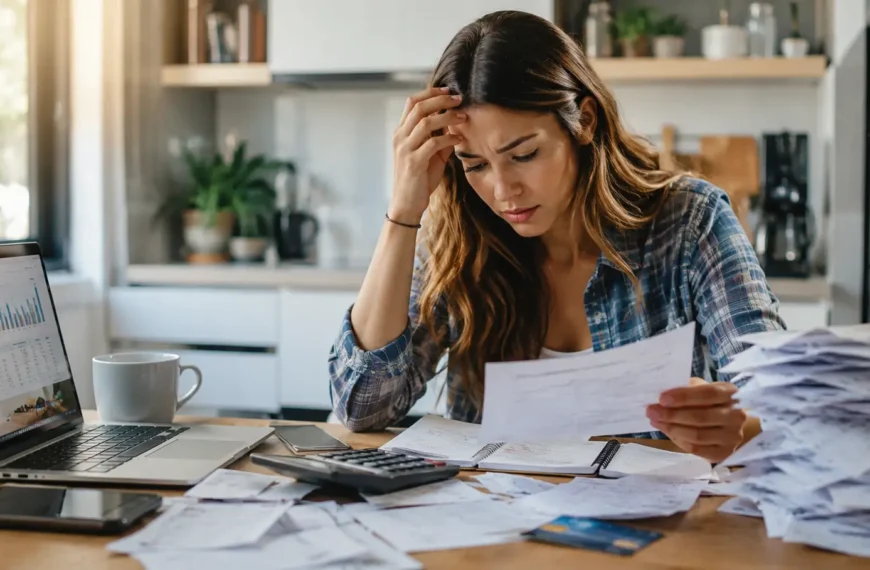 Person reviewing credit card bills and budgeting to avoid debt.