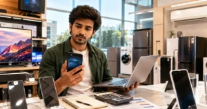 Young Indian professional comparing an EMI-financed smartphone and laptop in a modern electronics store