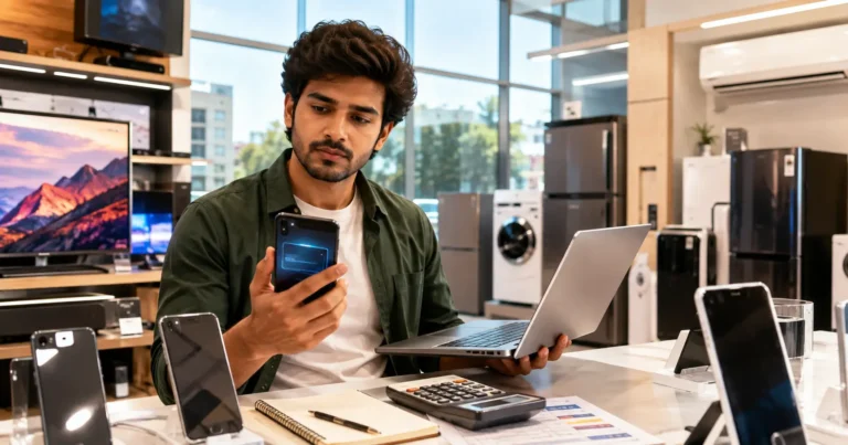 Young Indian professional comparing an EMI-financed smartphone and laptop in a modern electronics store