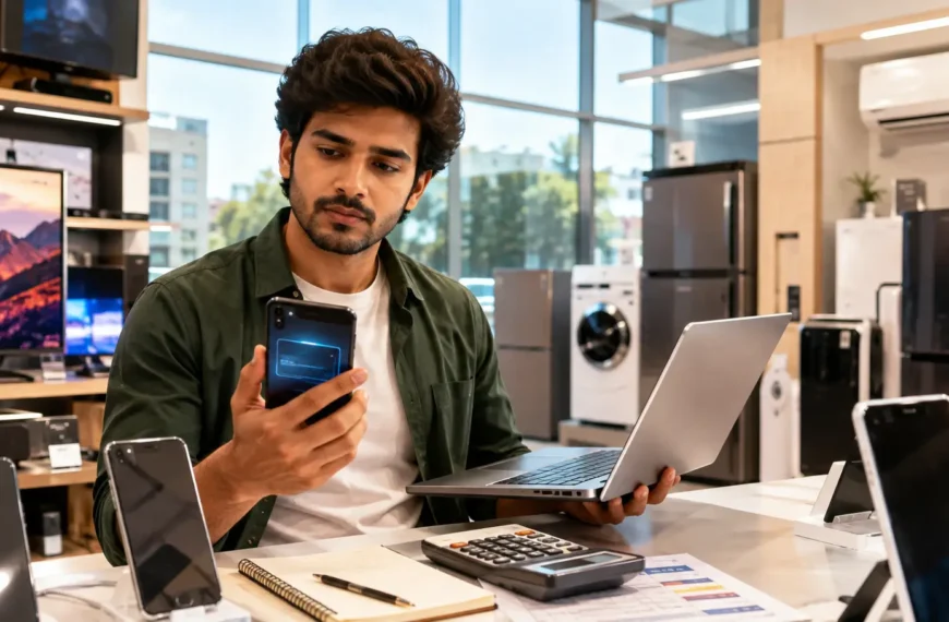 Young Indian professional comparing an EMI-financed smartphone and laptop in a modern electronics store