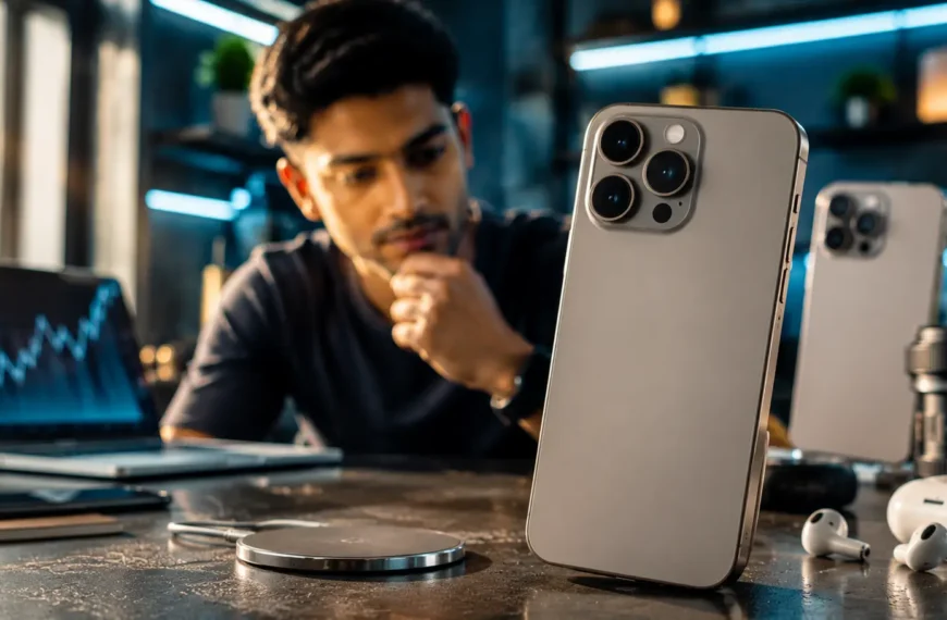 Rumored iPhone 18 Pro Max-style flagship smartphone displayed in a premium technology workspace