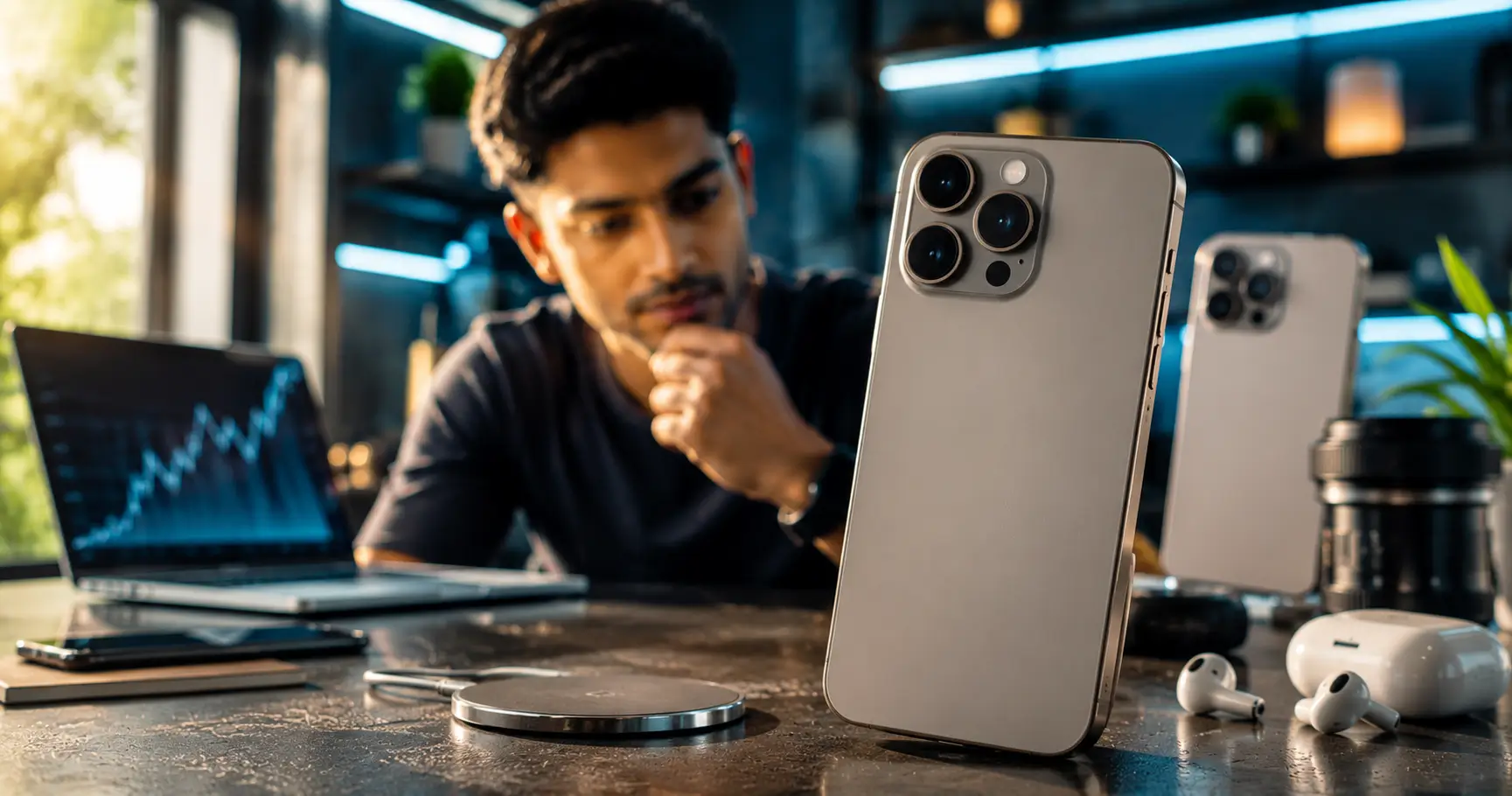 Rumored iPhone 18 Pro Max-style flagship smartphone displayed in a premium technology workspace