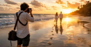 Photographer capturing a couple walking along reflective beach sand during golden hour