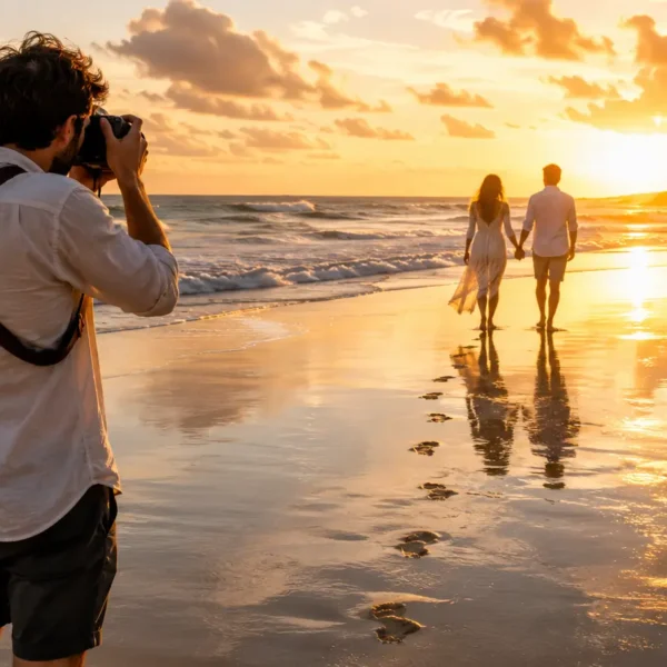 Photographer capturing a couple walking along reflective beach sand during golden hour