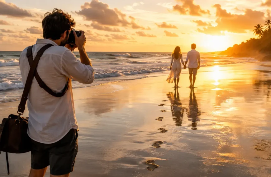 Photographer capturing a couple walking along reflective beach sand during golden hour