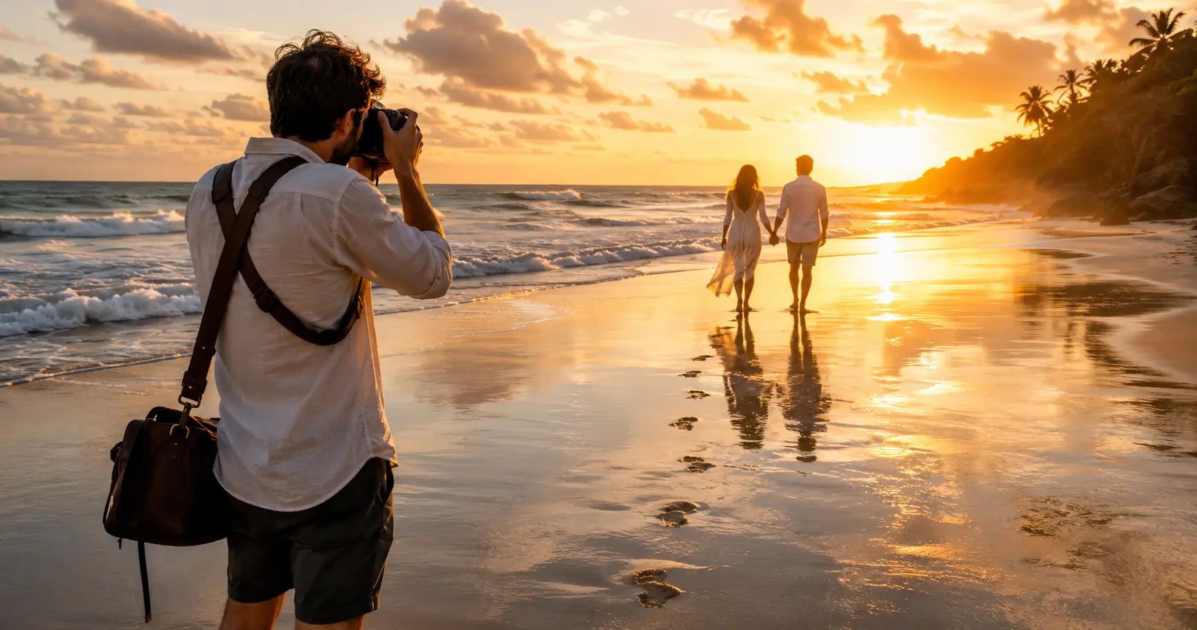 Photographer capturing a couple walking along reflective beach sand during golden hour