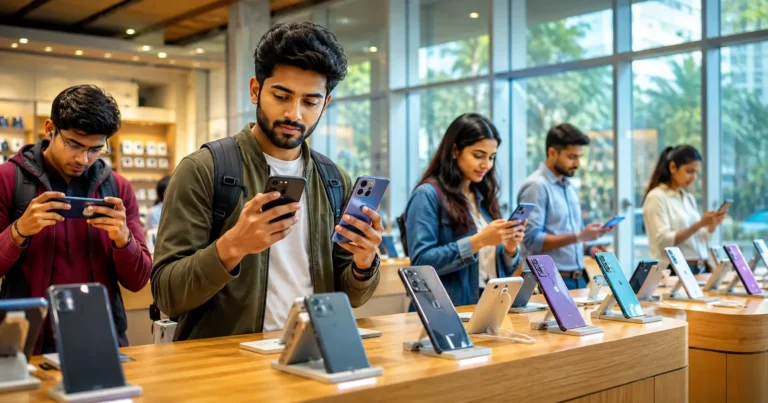 Young Indian buyer comparing budget 5G smartphones under ₹10,000 in a modern electronics showroom.