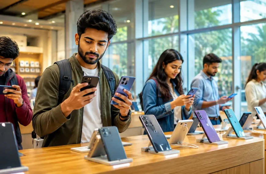 Young Indian buyer comparing budget 5G smartphones under ₹10,000 in a modern electronics showroom.