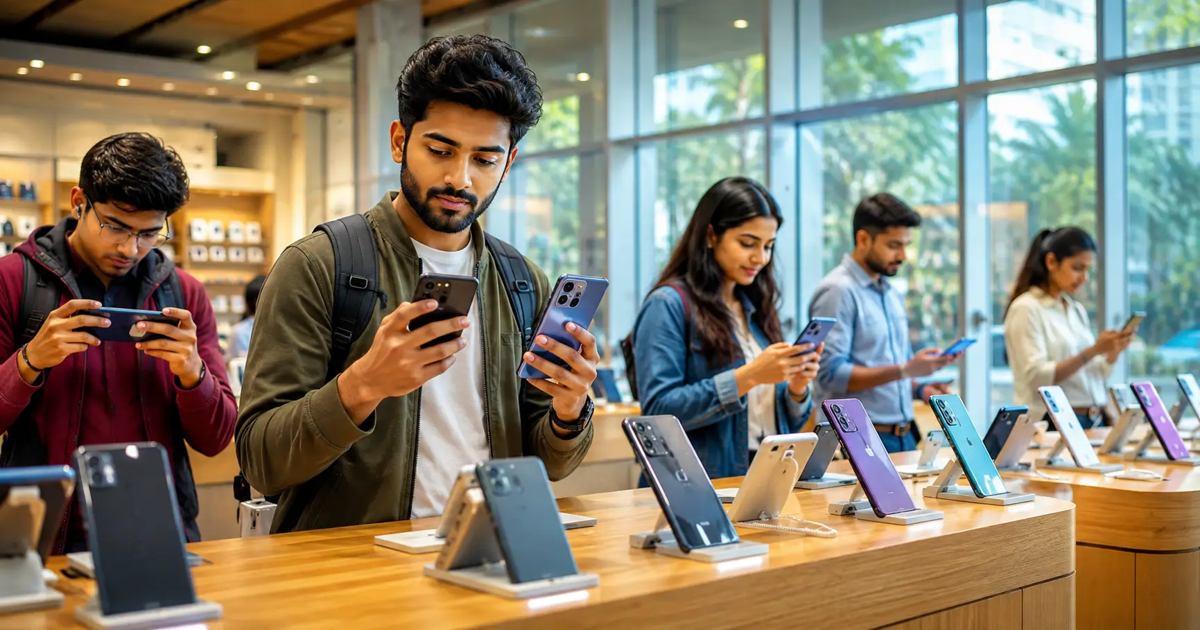 Young Indian buyer comparing budget 5G smartphones under ₹10,000 in a modern electronics showroom.