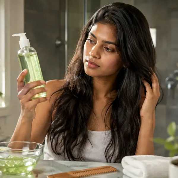 Young Indian adult examining aloe vera gel beside fresh aloe vera leaves for a hair-care routine