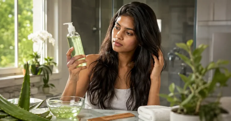 Young Indian adult examining aloe vera gel beside fresh aloe vera leaves for a hair-care routine