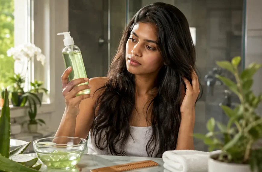 Young Indian adult examining aloe vera gel beside fresh aloe vera leaves for a hair-care routine