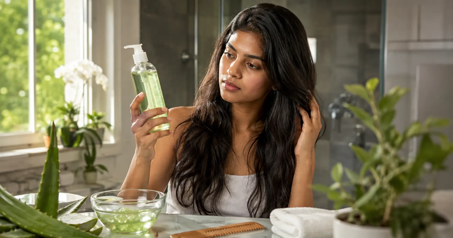 Young Indian adult examining aloe vera gel beside fresh aloe vera leaves for a hair-care routine