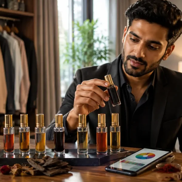 Indian man comparing premium attar perfume oils for men in a modern grooming space