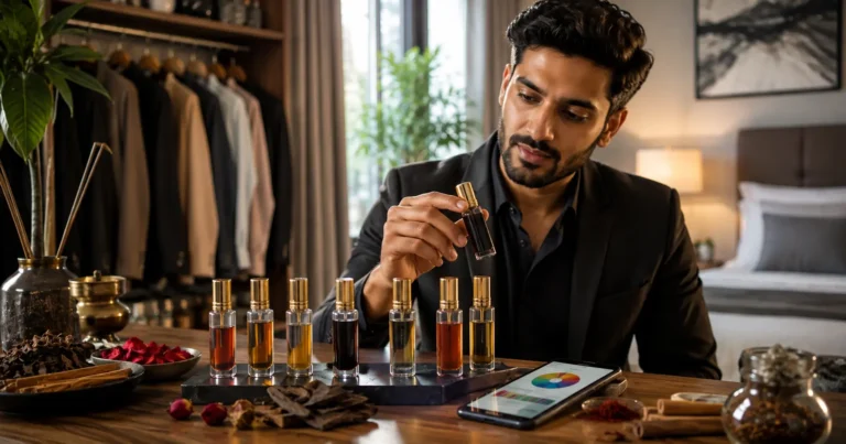 Indian man comparing premium attar perfume oils for men in a modern grooming space