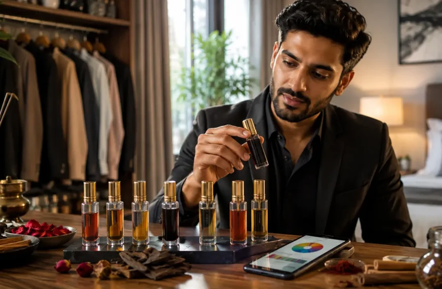Indian man comparing premium attar perfume oils for men in a modern grooming space