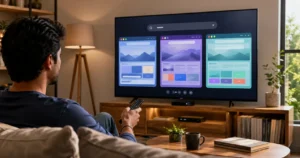 Young Indian adult using a TV remote while comparing web browsers on an Android TV
