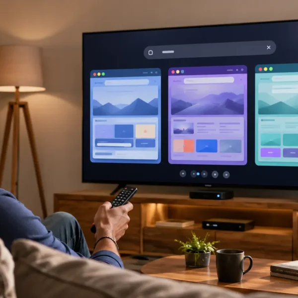 Young Indian adult using a TV remote while comparing web browsers on an Android TV