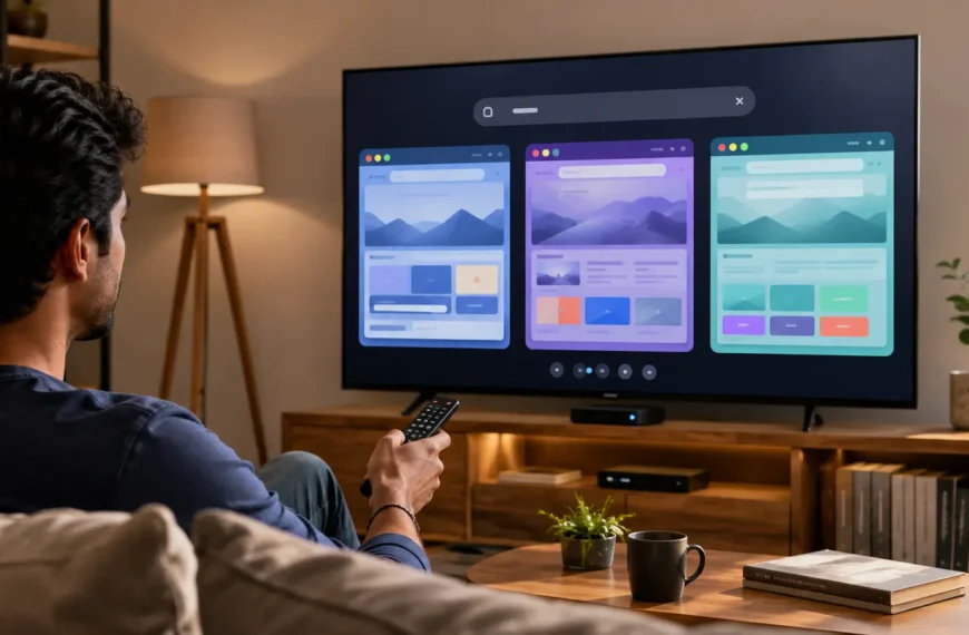 Young Indian adult using a TV remote while comparing web browsers on an Android TV