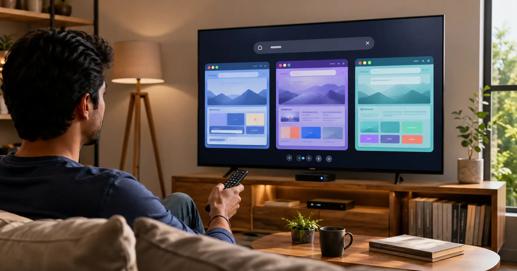 Young Indian adult using a TV remote while comparing web browsers on an Android TV