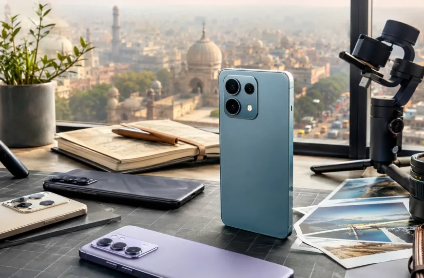 Best camera phones under ₹25,000 arranged in a premium smartphone photography setup