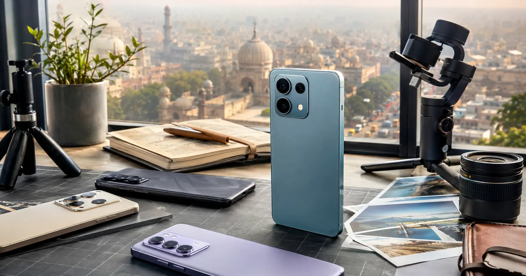 Best camera phones under ₹25,000 arranged in a premium smartphone photography setup