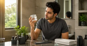 Young Indian man examining hair gel while choosing a men's hair styling product