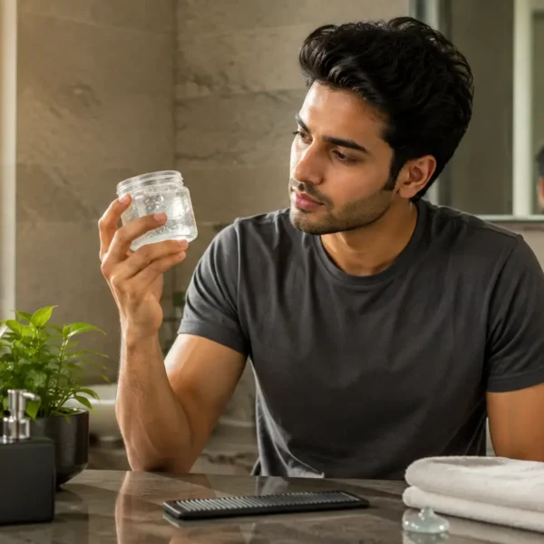 Young Indian man examining hair gel while choosing a men's hair styling product