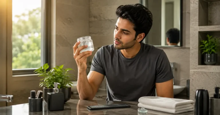 Young Indian man examining hair gel while choosing a men's hair styling product