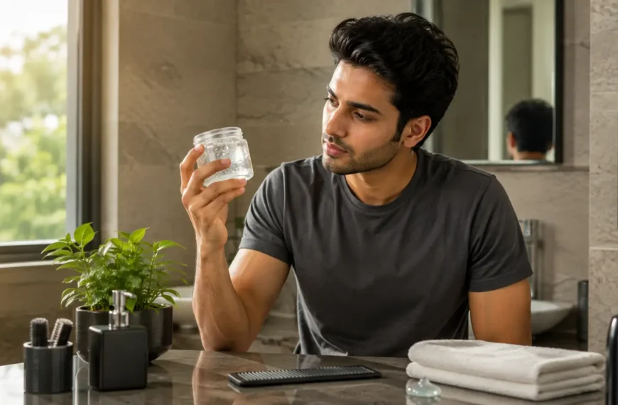 Young Indian man examining hair gel while choosing a men's hair styling product