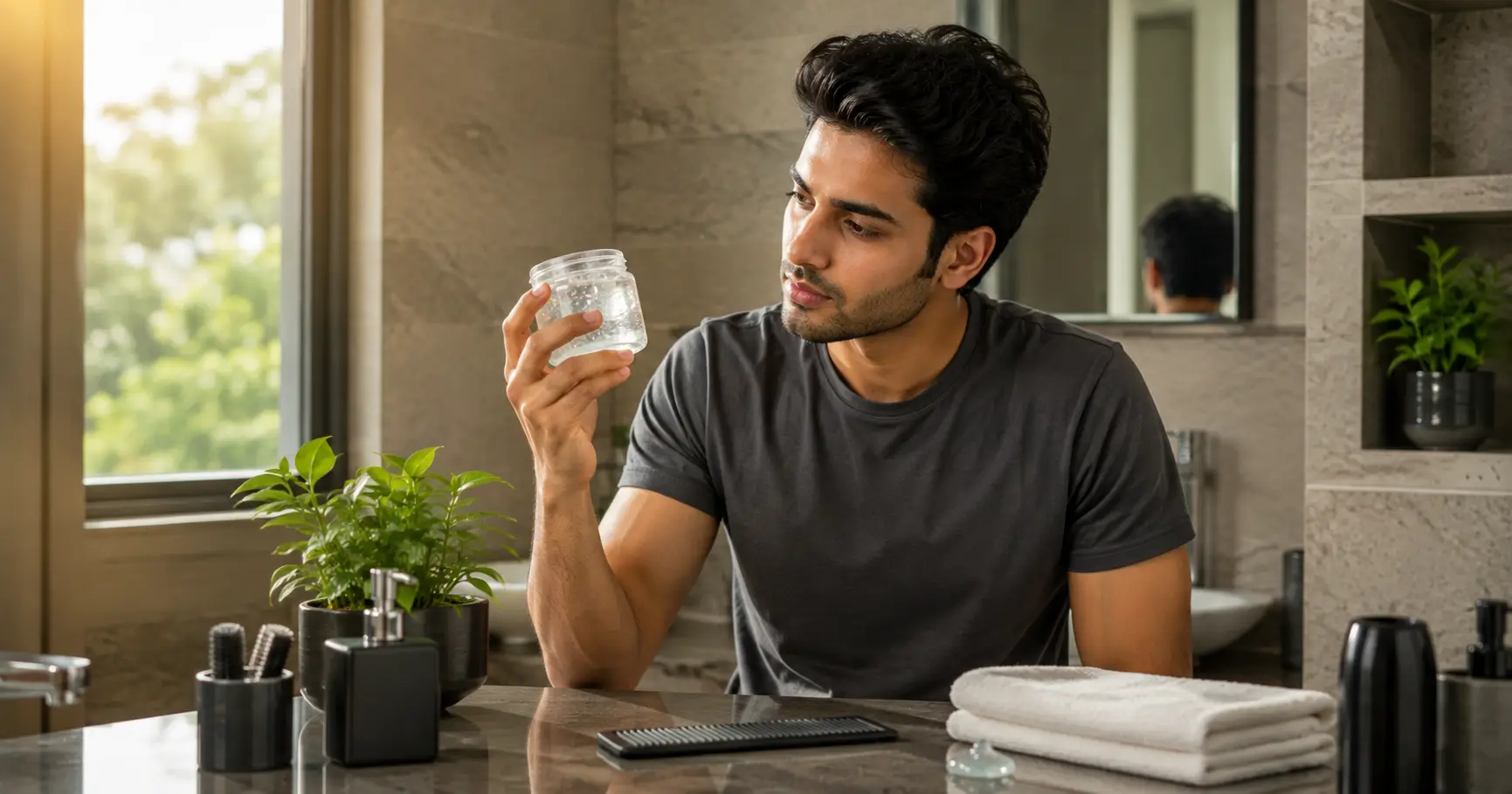 Young Indian man examining hair gel while choosing a men's hair styling product