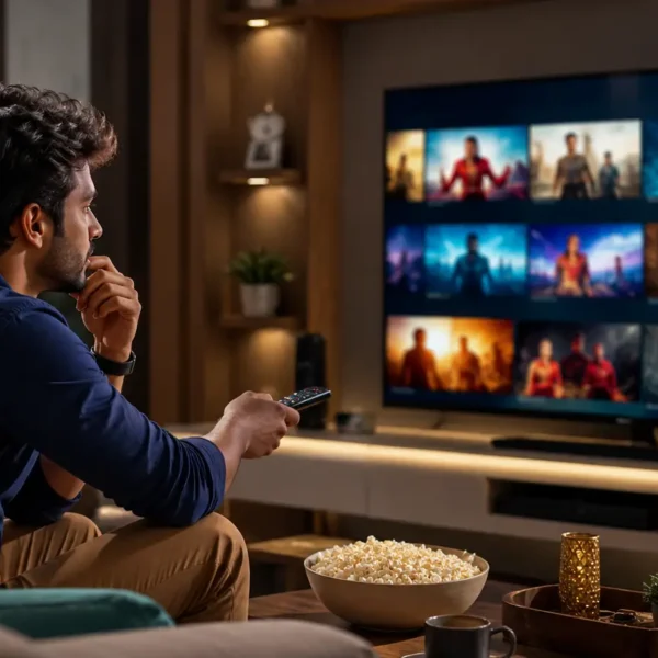Young Indian viewer choosing among Hindi web series on a modern television in a contemporary living room