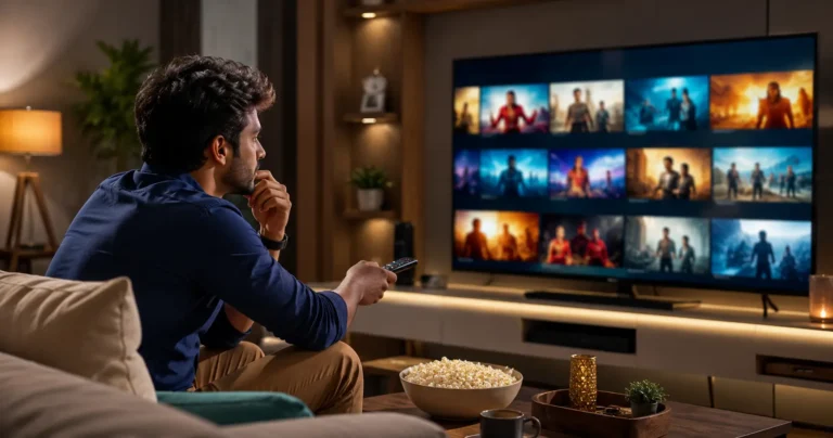 Young Indian viewer choosing among Hindi web series on a modern television in a contemporary living room