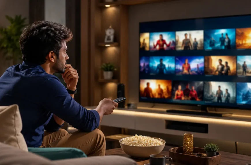 Young Indian viewer choosing among Hindi web series on a modern television in a contemporary living room