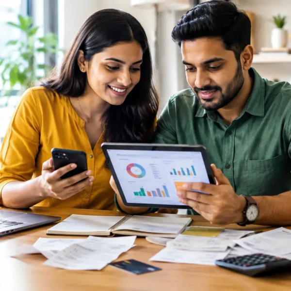 Indian couple reviewing household finances with a budgeting app on a smartphone and tablet
