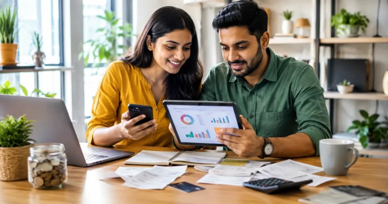 Indian couple reviewing household finances with a budgeting app on a smartphone and tablet