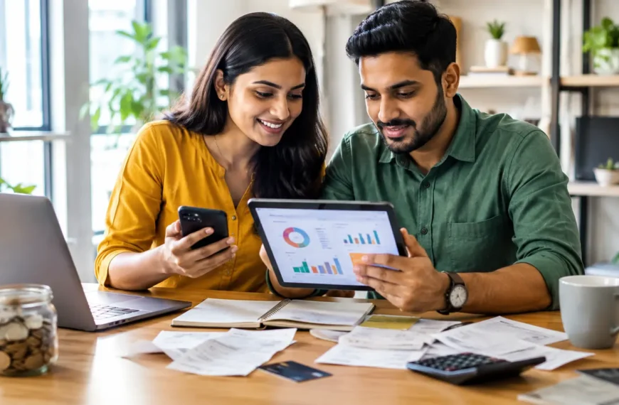 Indian couple reviewing household finances with a budgeting app on a smartphone and tablet